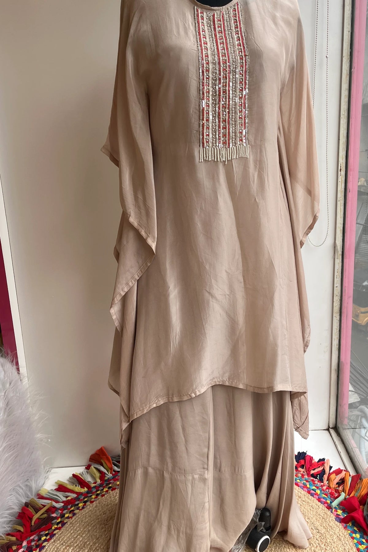 Light Brown Habutai Silk Kaftan Set with Zardosi & Pearl Detailing 5147 11