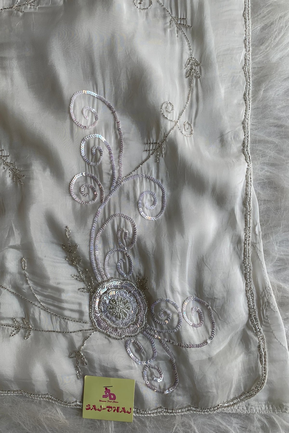 White Embellished Habutai Silk Saree 5365 12