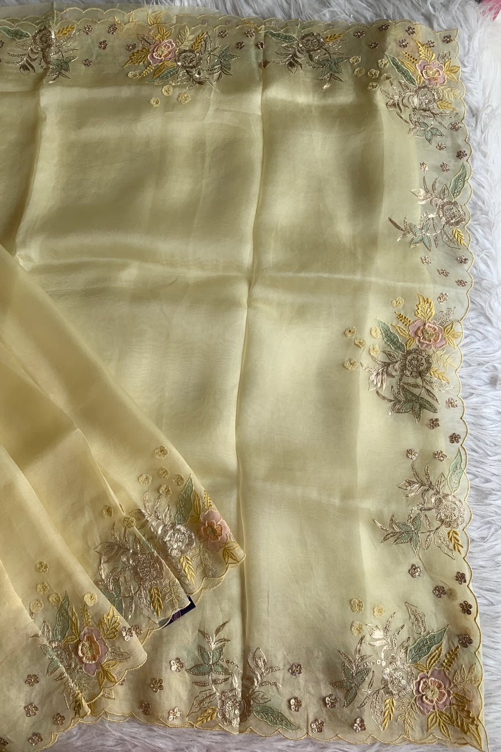 Lemon Yellow Aari Embellished Silk Organza Saree 5844 02