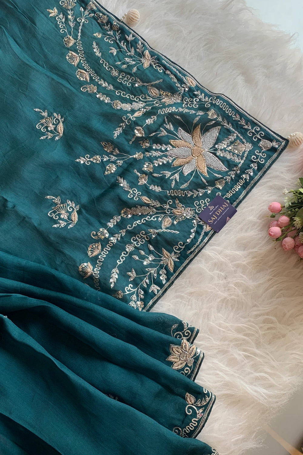 Teal Kora Silk Saree with Zardosi & Aari Work 5831 02