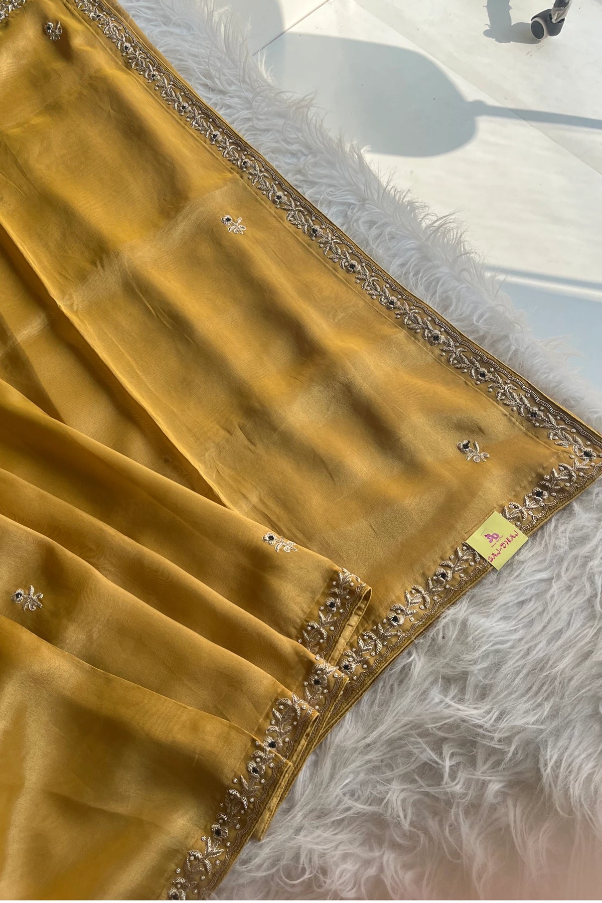 Dull Mustard Yellow Tissue Saree with Zardosi Border & Green Blouse 5525 09