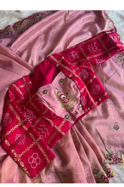 Blush Pink Tissue Saree with Bandhej Border Work 5772 12