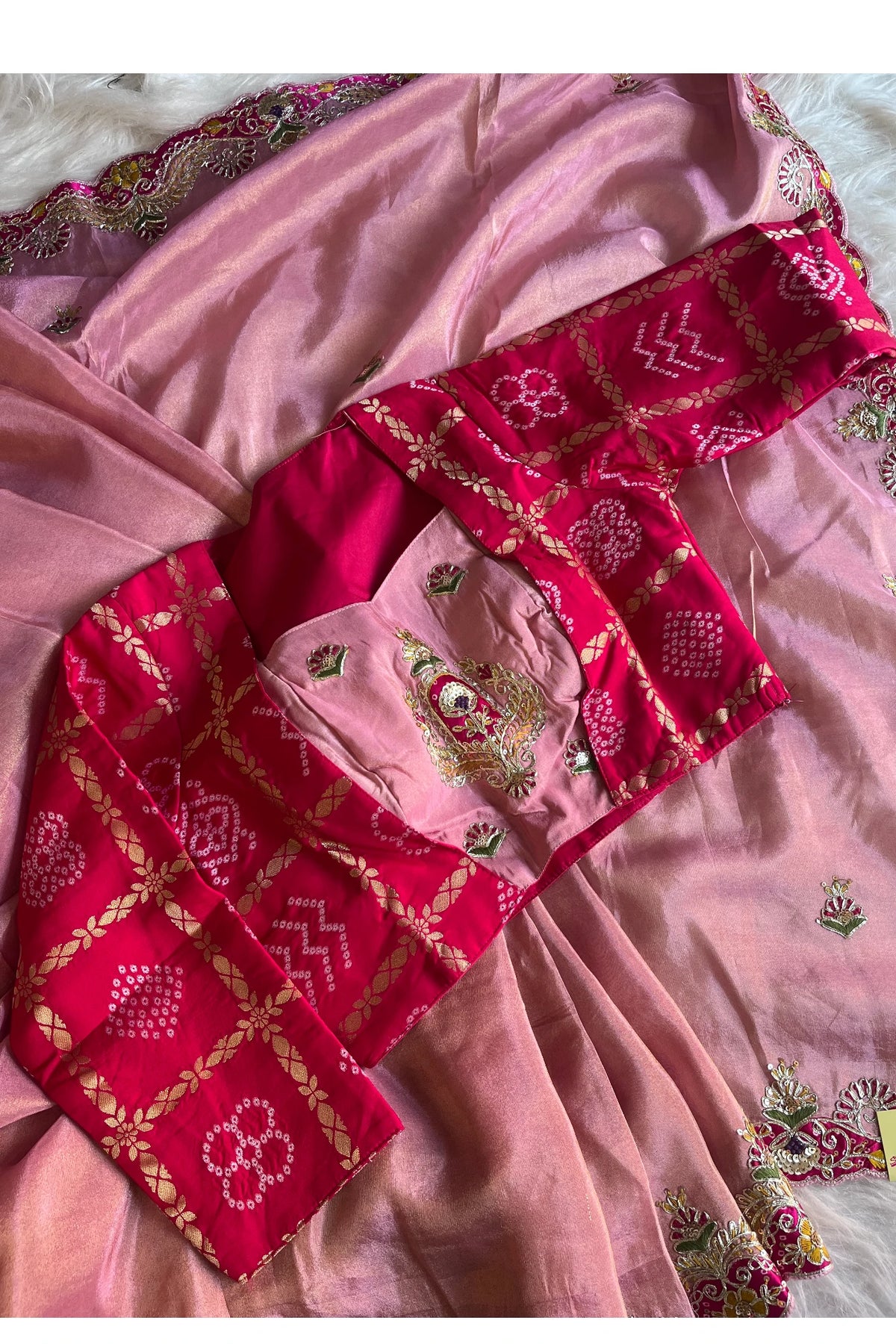 Blush Pink Tissue Saree with Bandhej Border Work 5772 12