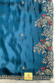Peacock Blue Embroidered Habutai Silk Saree 5535 09