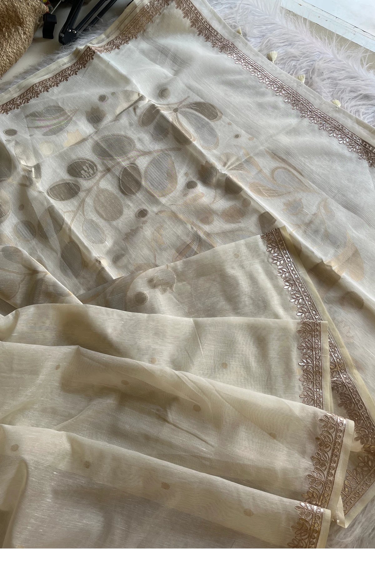 Off-White Khadi Cotton Saree with Gota Patti Embroidery 5470 03