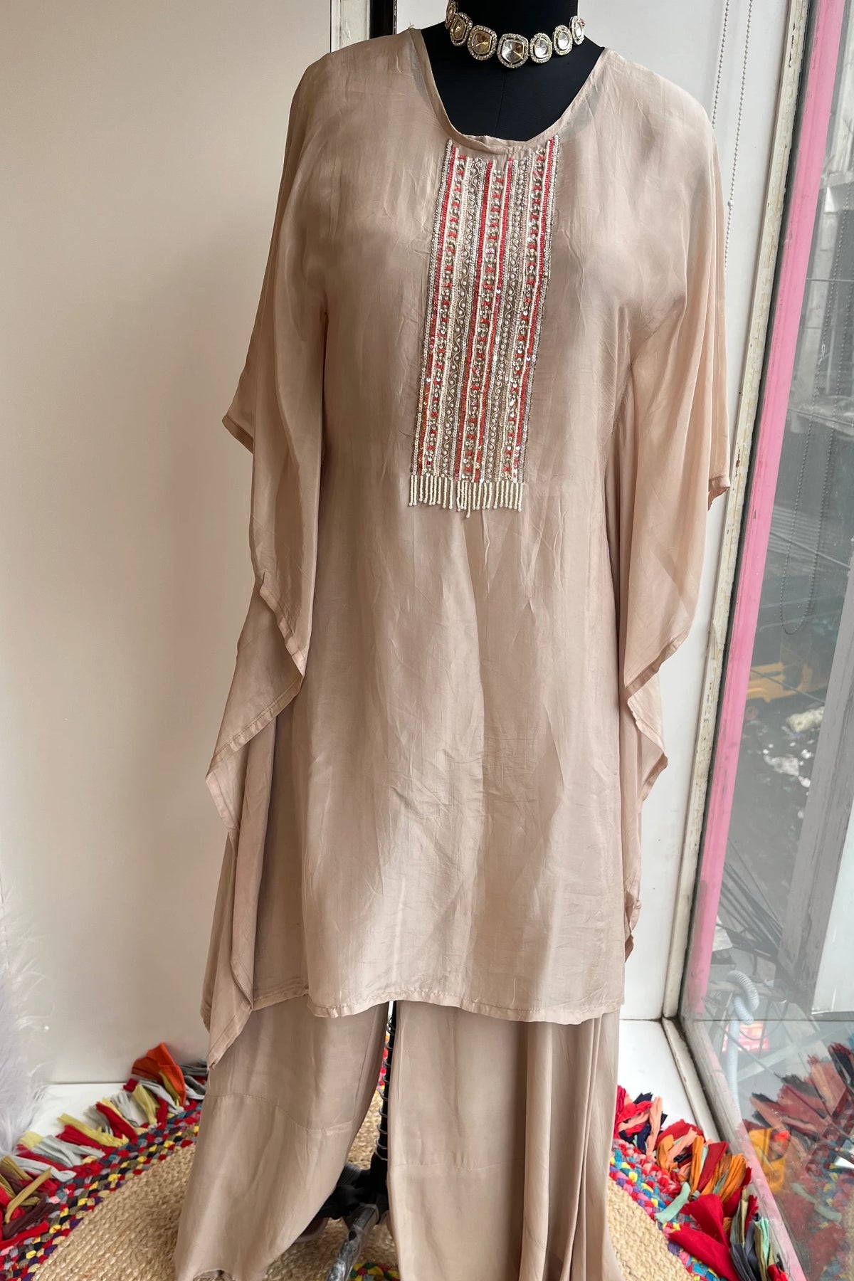 Light Brown Habutai Silk Kaftan Set with Zardosi & Pearl Detailing 5147 11