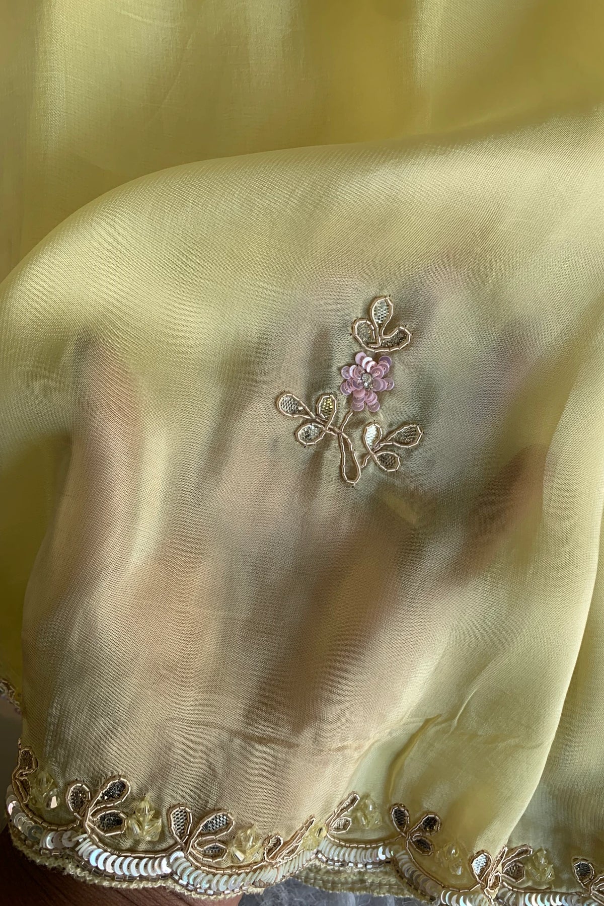 Lemon Yellow Embellished Habutai Silk Saree 4854 02